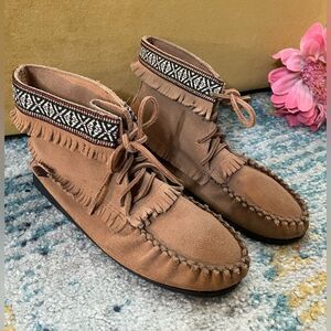 Laurentian Chief Leather Suede Moccasin Ankle Booties Fringe 8